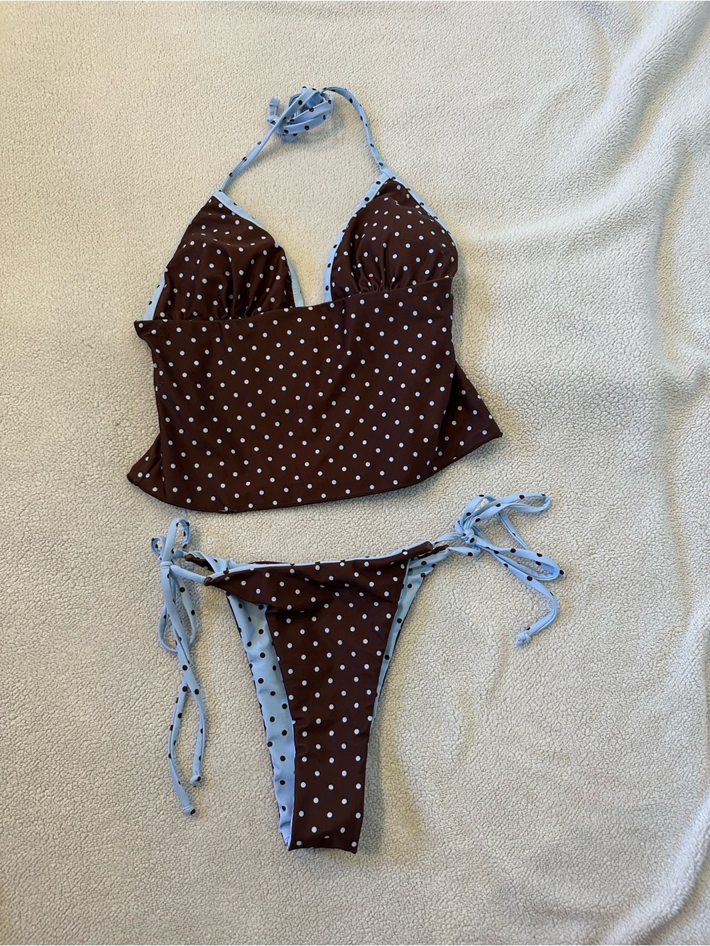Reversible Brown Blue Polka Dot Tankini Bikini Set Size M